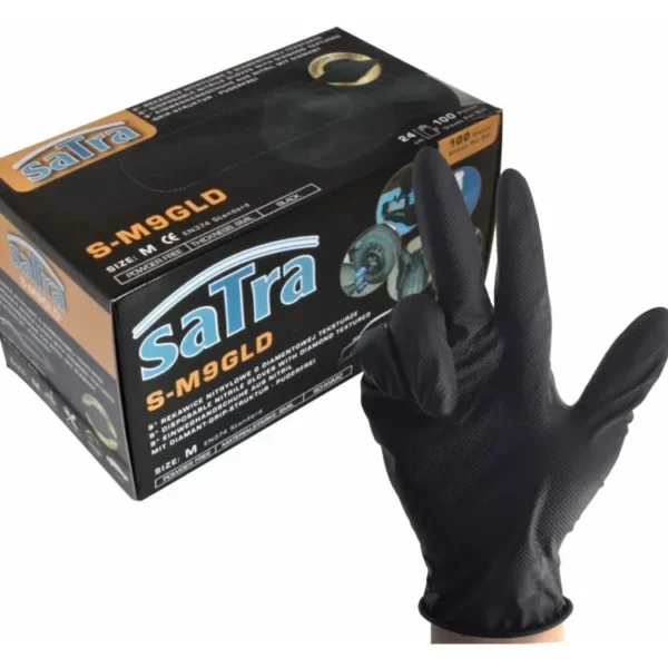 SATRA Nitril Handschuhe 100 Stück schwarz Größe M Diamond Oberfläche