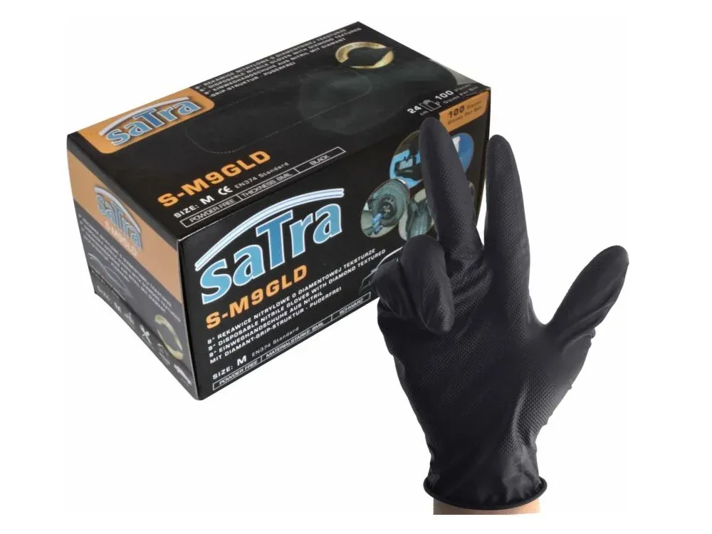 SATRA Nitril Handschuhe 100 Stück schwarz Größe M Diamond Oberfläche