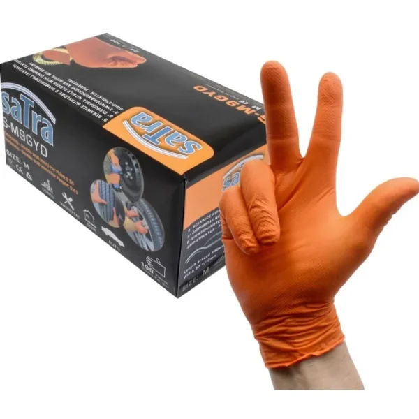 SATRA Nitril Handschuhe 100 Stück orange Größe M Diamond Oberfläche