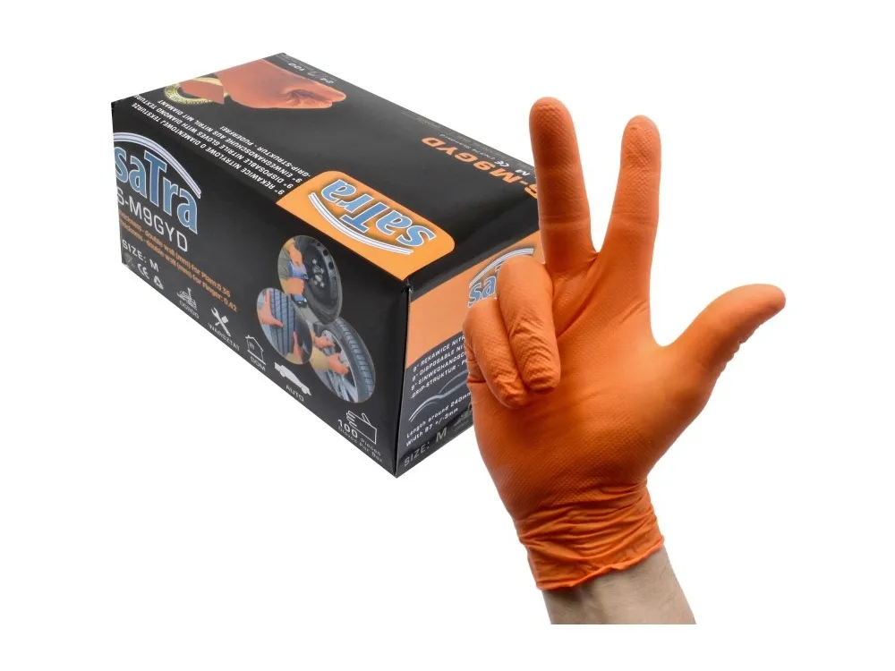 SATRA Nitril Handschuhe 100 Stück orange Größe M Diamond Oberfläche